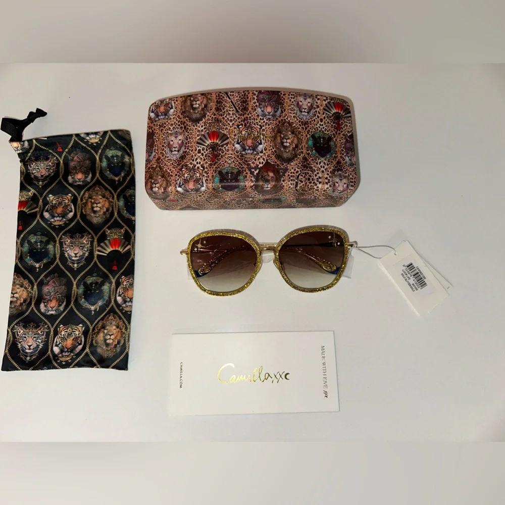 Camilla “Luxor Life” Oversized Gold Glitter Brown Gradient Boho Sunglasses